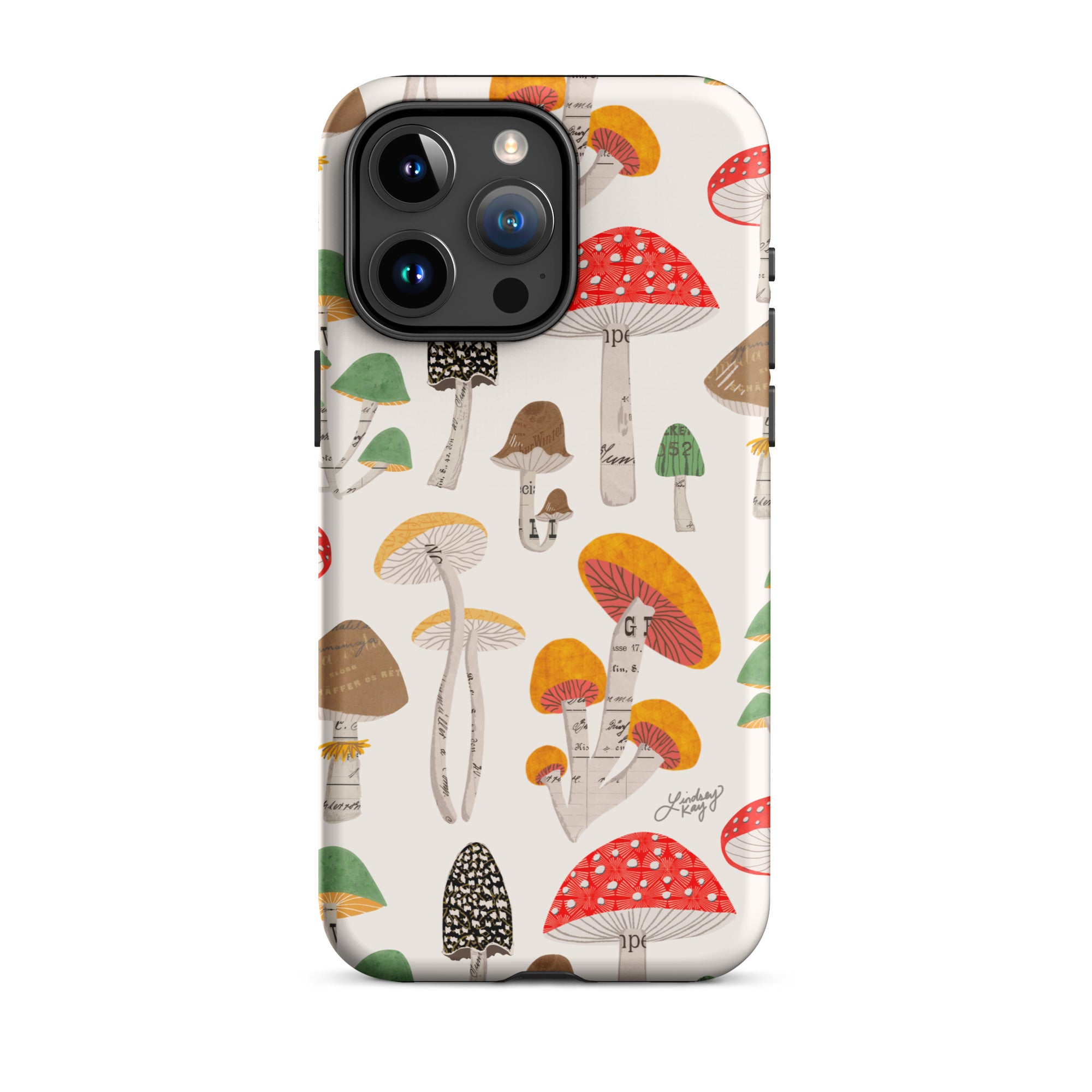mushrooms illustration pattern woodland mountains outdoor hiking fungi iphone 15 case cover durable tough phone accessories lindsey kay collective