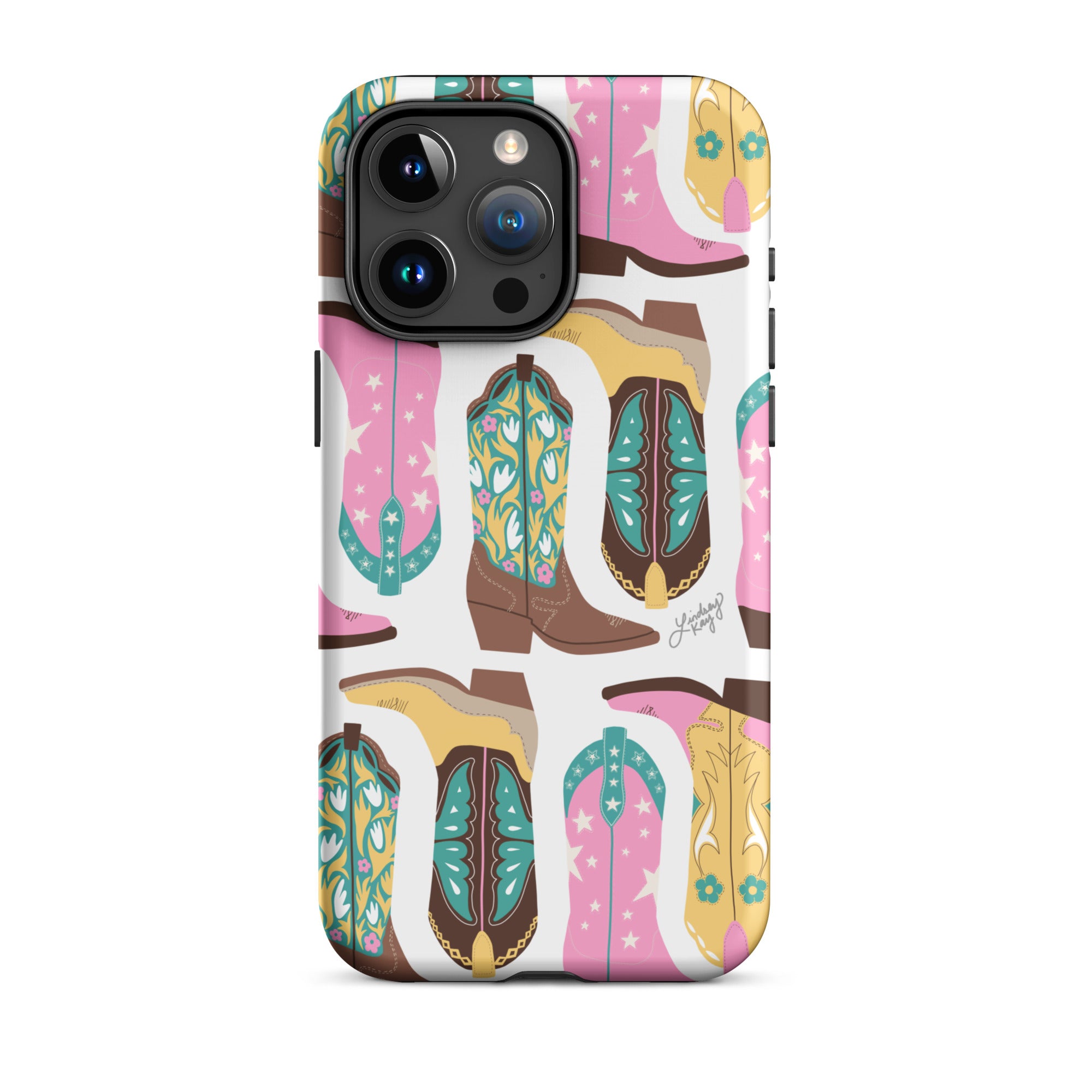 turquoise pink yellow cowgirl cowboy boots illustration pattern western country sorority gift texas oklahoma iphone 15 case cover mobile accessories trendy cute lindsey kay collective