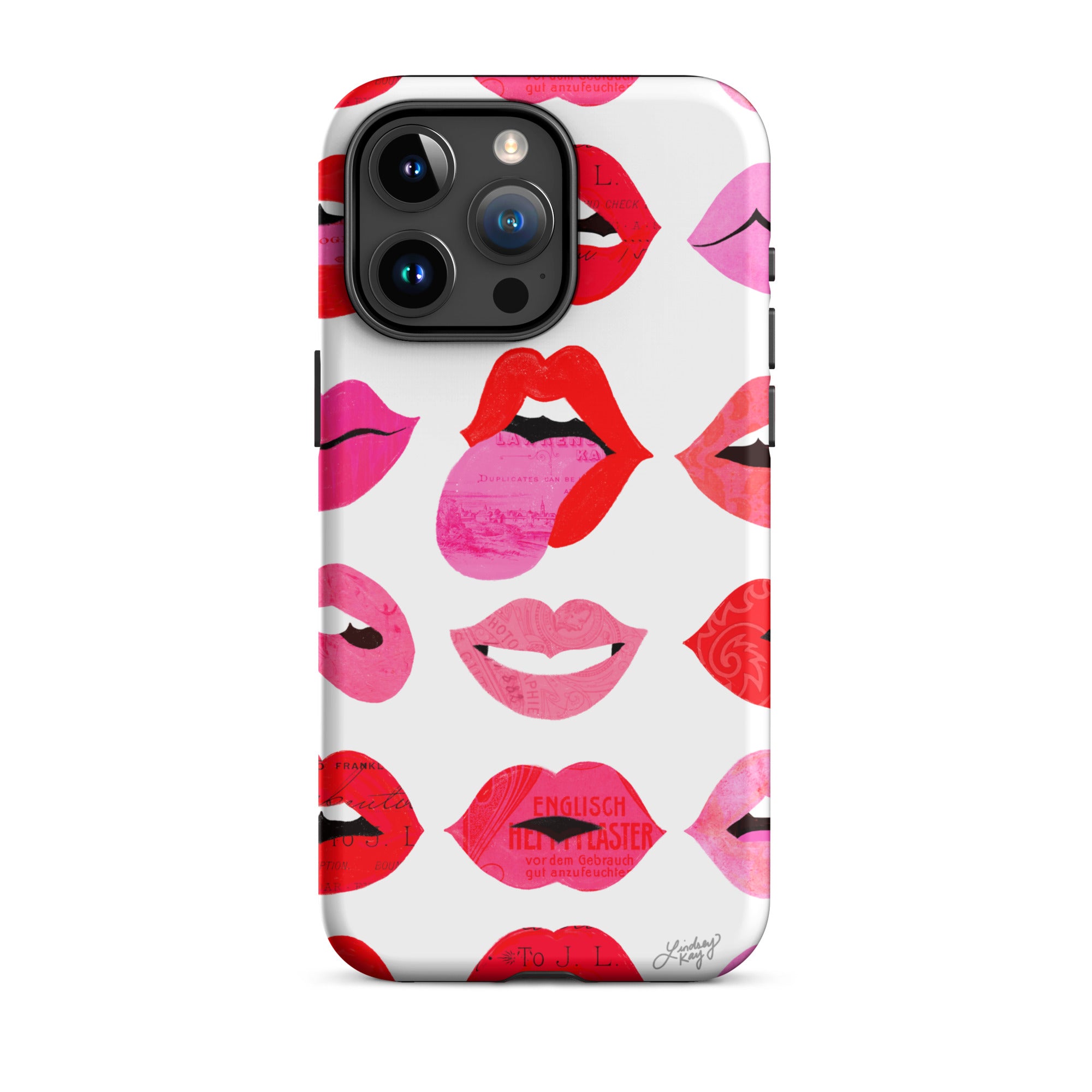 lips of love illustration pattern trendy pop feminine pink red makeup iphone 15 case cover mobile accessories lindsey kay collective