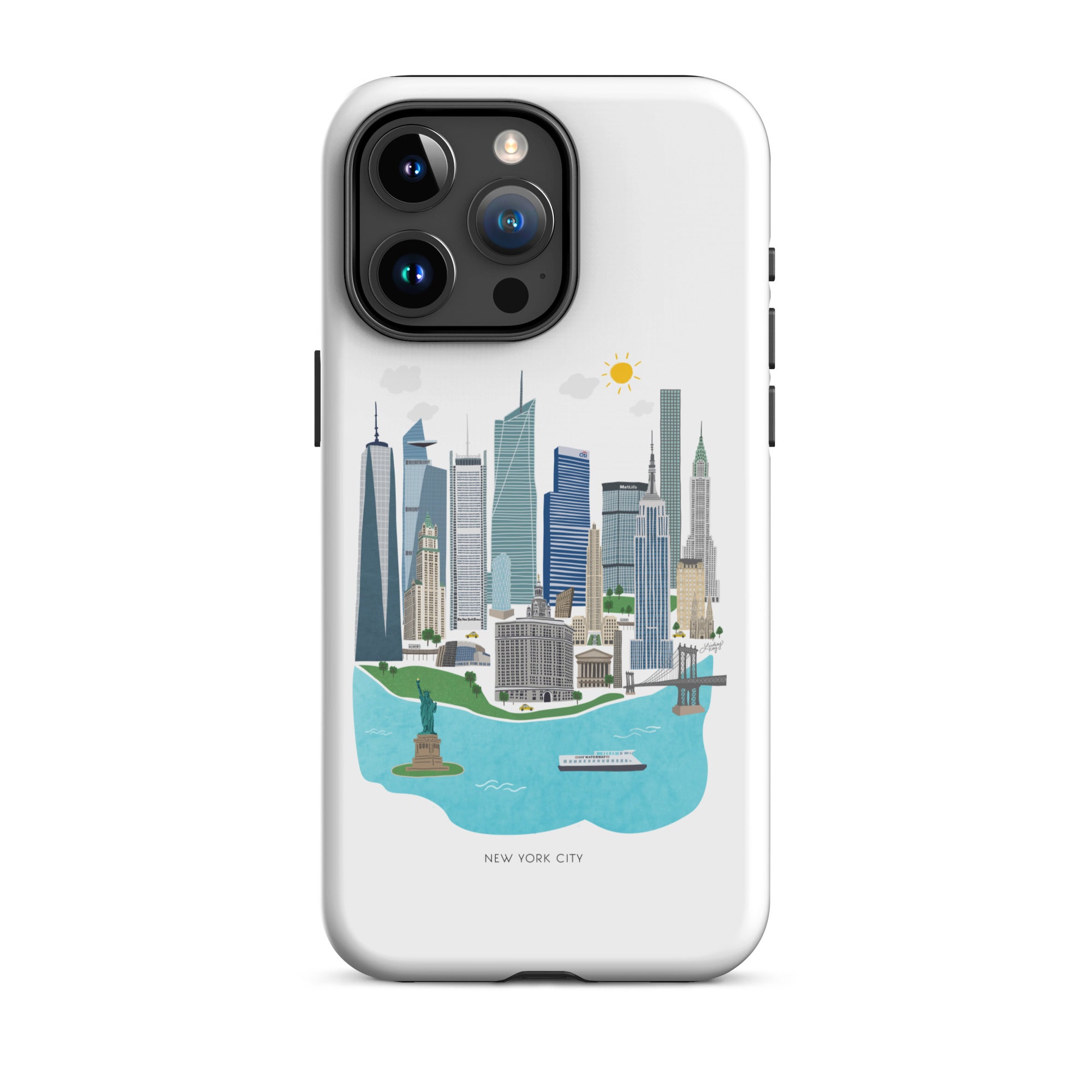 New york city downtown skyline cityscape illustration iphone 15 case cover durable mobile phone accessories lindsey kay collective