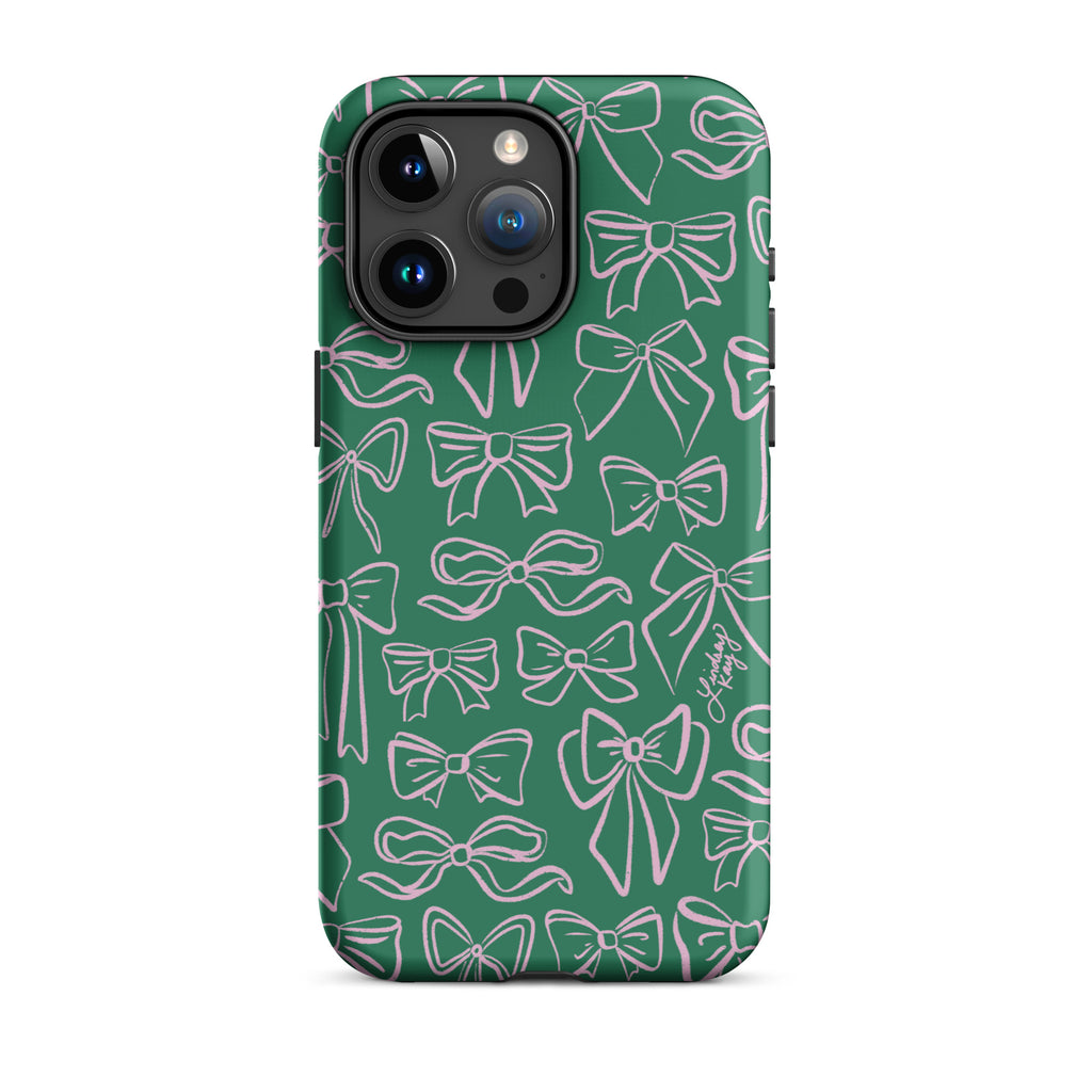 ribbon illustration pattern drawing tough shock-proof iphone phone case mobile accessories cute coquette lindsey kay collective trendy preppy accessories girly green pink iphone-15-pro-max