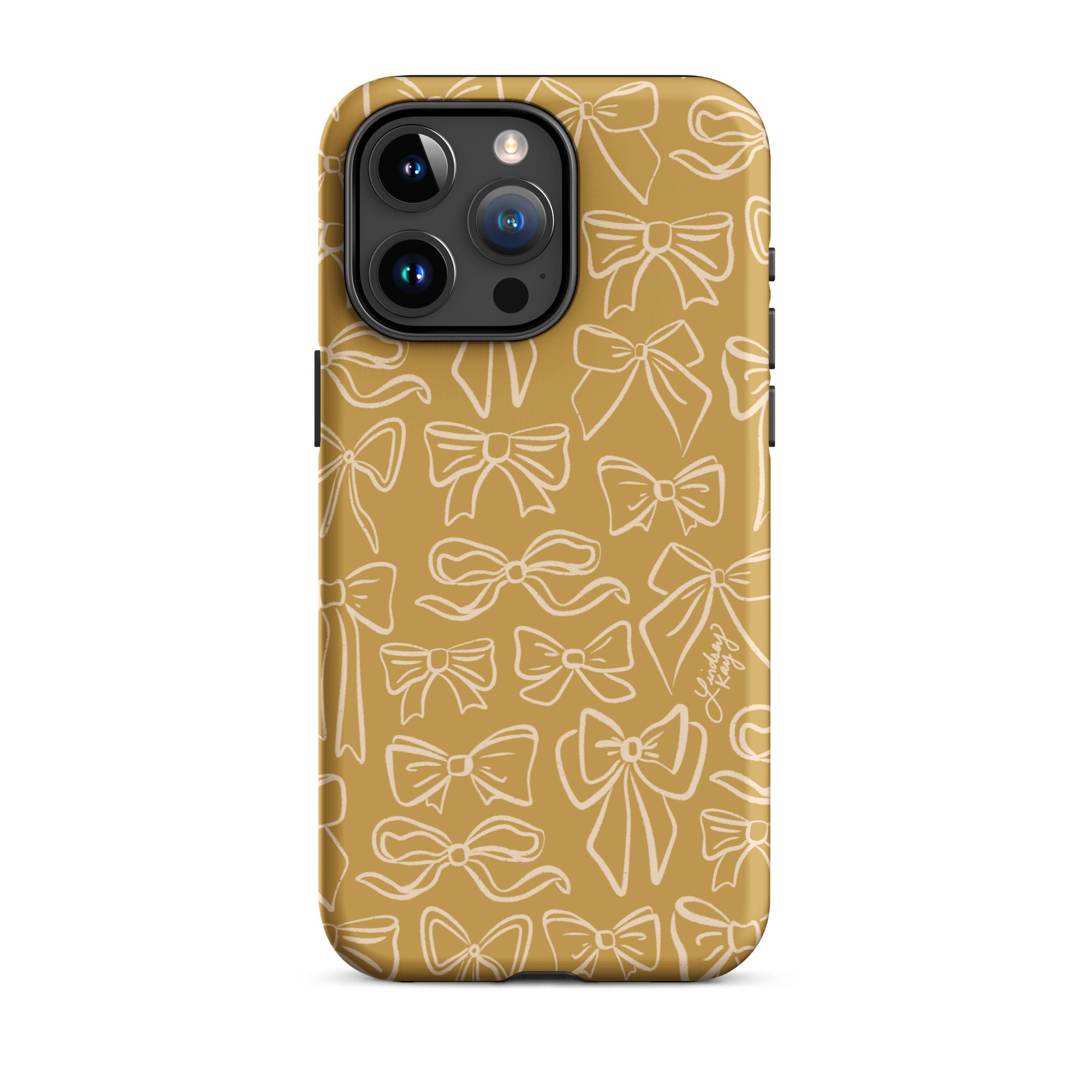 ribbon illustration pattern drawing tough shock-proof iphone phone case mobile accessories cute coquette lindsey kay collective trendy preppy accessories girly gold tan white iphone 15 pro max