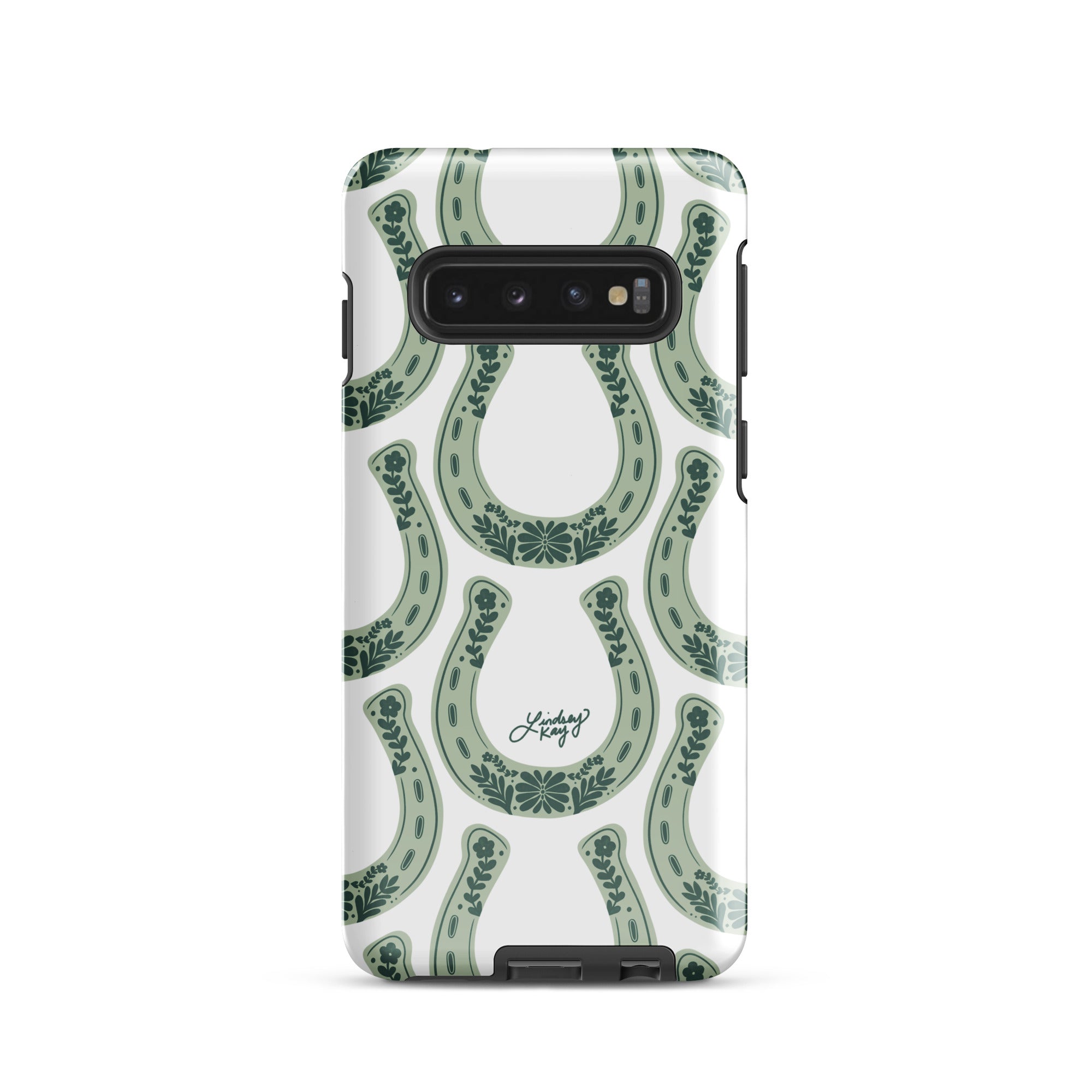 Country western Samsung phone case with hand drawn green horseshoe pattern by Lindsey Kay Collective. Tough, durable case available in all Samsung sizes. Perfect for cowgirls, rodeo lovers, and Texas sorority girls. Stylish protective phone accessory with southern flair.