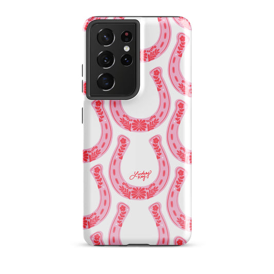 Country western Samsung phone case with hand drawn pink horseshoe pattern by Lindsey Kay Collective. Tough, durable case available in all Samsung sizes. Perfect for cowgirls, rodeo lovers, and Texas sorority girls. Stylish protective phone accessory with southern flair.