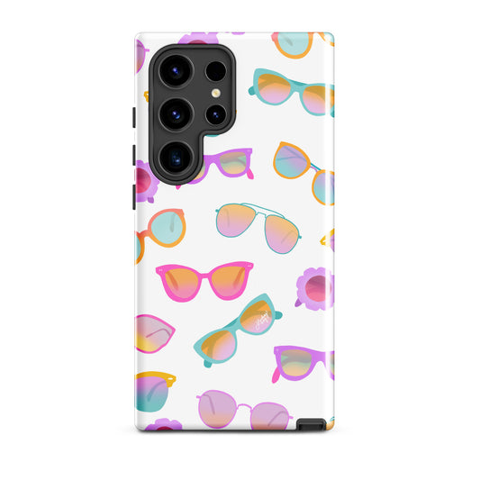 Cute and durable samsung phone case with a light yellow background and hand-drawn retro sunglasses, perfect for summer with a fun, girly, and trendy retro vibe. Created by Lindsey Kay Collective