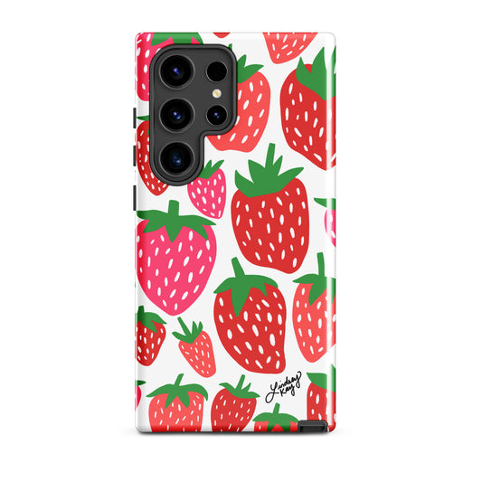 Strawberry-themed Samsung tough phone case with a playful summer design. Features red strawberries on a protective, durable case, available in all Samsung sizes. Perfect for summer style and everyday protection.