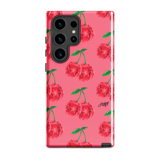 Samsung tough phone case featuring a hand-drawn red disco ball cherries pattern. Durable, dual-layer protection with a retro, girly design—perfect for summer style and available for all Samsung models.
