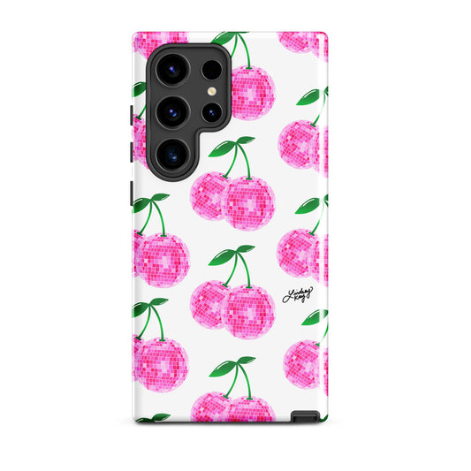 Samsung tough phone case featuring a hand-drawn pink disco ball cherries pattern. Durable, dual-layer protection with a retro, girly design—perfect for summer style and available for all Samsung models.