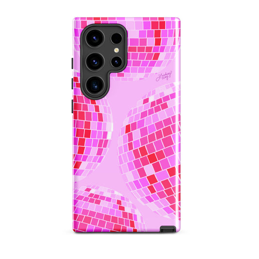 Samsung tough phone case with a hand-drawn pink disco ball pattern. Retro, girly design with durable dual-layer protection. Perfect for summer style and available in all Samsung sizes.