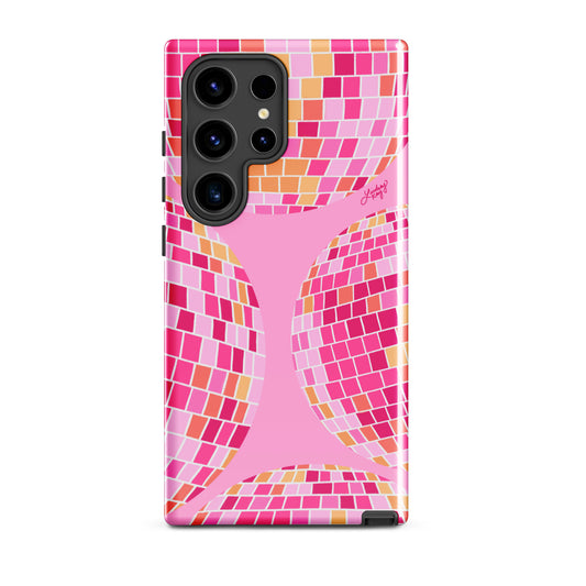 Samsung tough phone case with a hand-drawn pink disco ball pattern. Retro, girly design with durable dual-layer protection. Perfect for summer style and available in all Samsung sizes.
