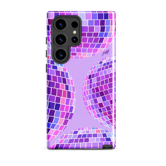 Samsung tough phone case with a hand-drawn purple disco ball pattern. Retro, girly design with durable dual-layer protection. Perfect for summer style and available in all Samsung sizes.