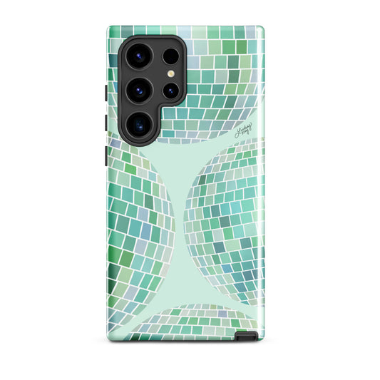 Samsung tough phone case with a hand-drawn green disco ball pattern. Retro, girly design with durable dual-layer protection. Perfect for summer style and available in all Samsung sizes.