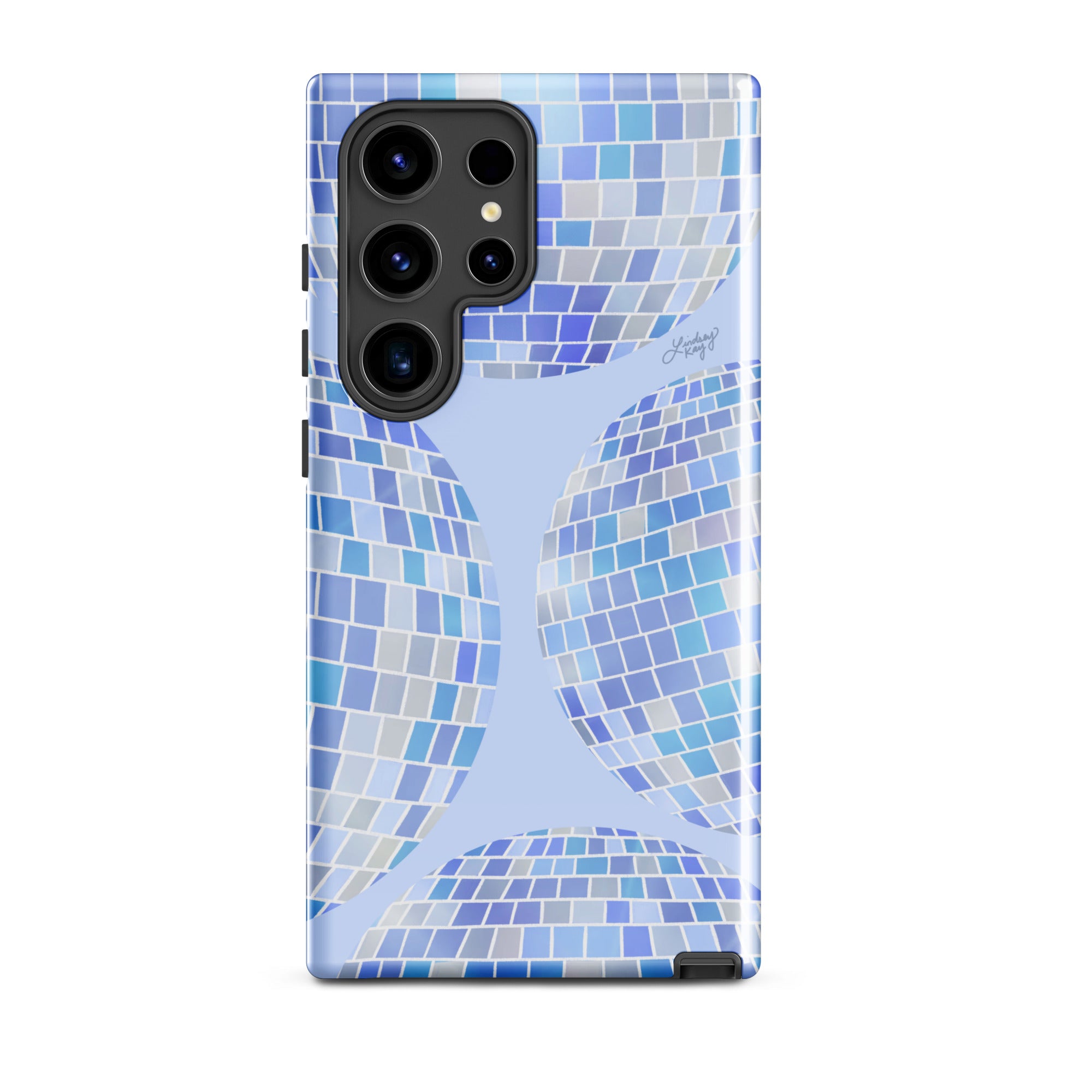 Samsung tough phone case with a hand-drawn blue disco ball pattern. Retro, girly design with durable dual-layer protection. Perfect for summer style and available in all Samsung sizes.