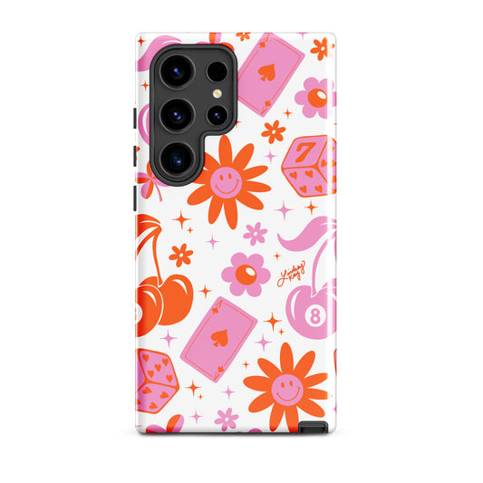 Y2K retro Samsung phone case with pink, orange, and white hand drawn illustrations. Cute, girly design perfect for aesthetic lovers. Durable case available in all Samsung sizes. Designed by Lindsey Kay Collective.