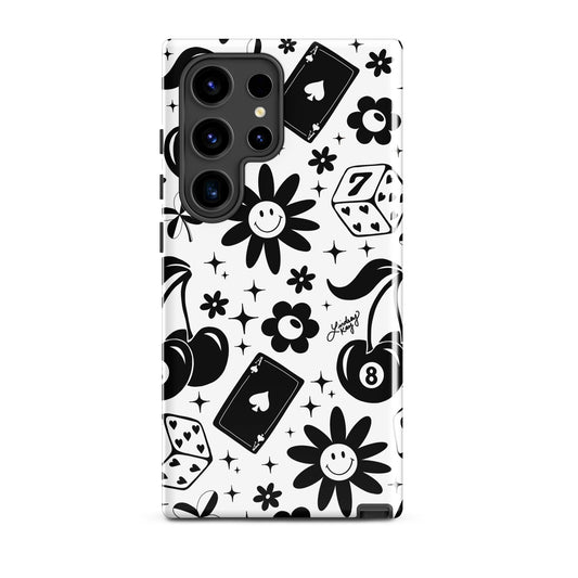 Y2K retro Samsung phone case with black and white hand drawn illustrations. Cute, girly design perfect for aesthetic lovers. Durable case available in all Samsung sizes. Designed by Lindsey Kay Collective.