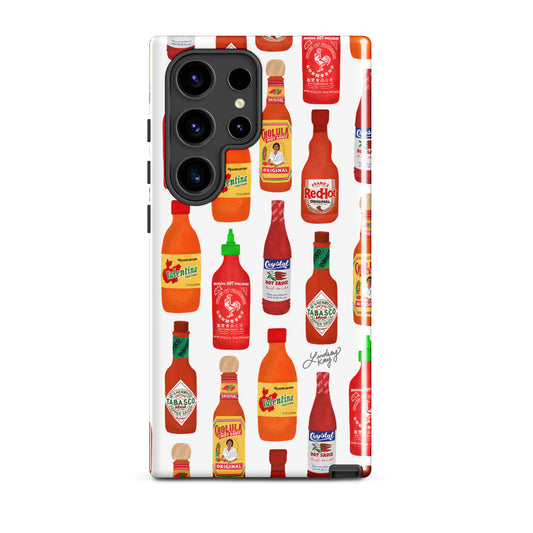 Hand illustrated hot sauce bottle Samsung phone case by Lindsey Kay Collective. Bold, colorful design perfect for hot sauce lovers and foodies. Durable, protective case available in all Samsung sizes. Unique gift idea from a female-owned small business.