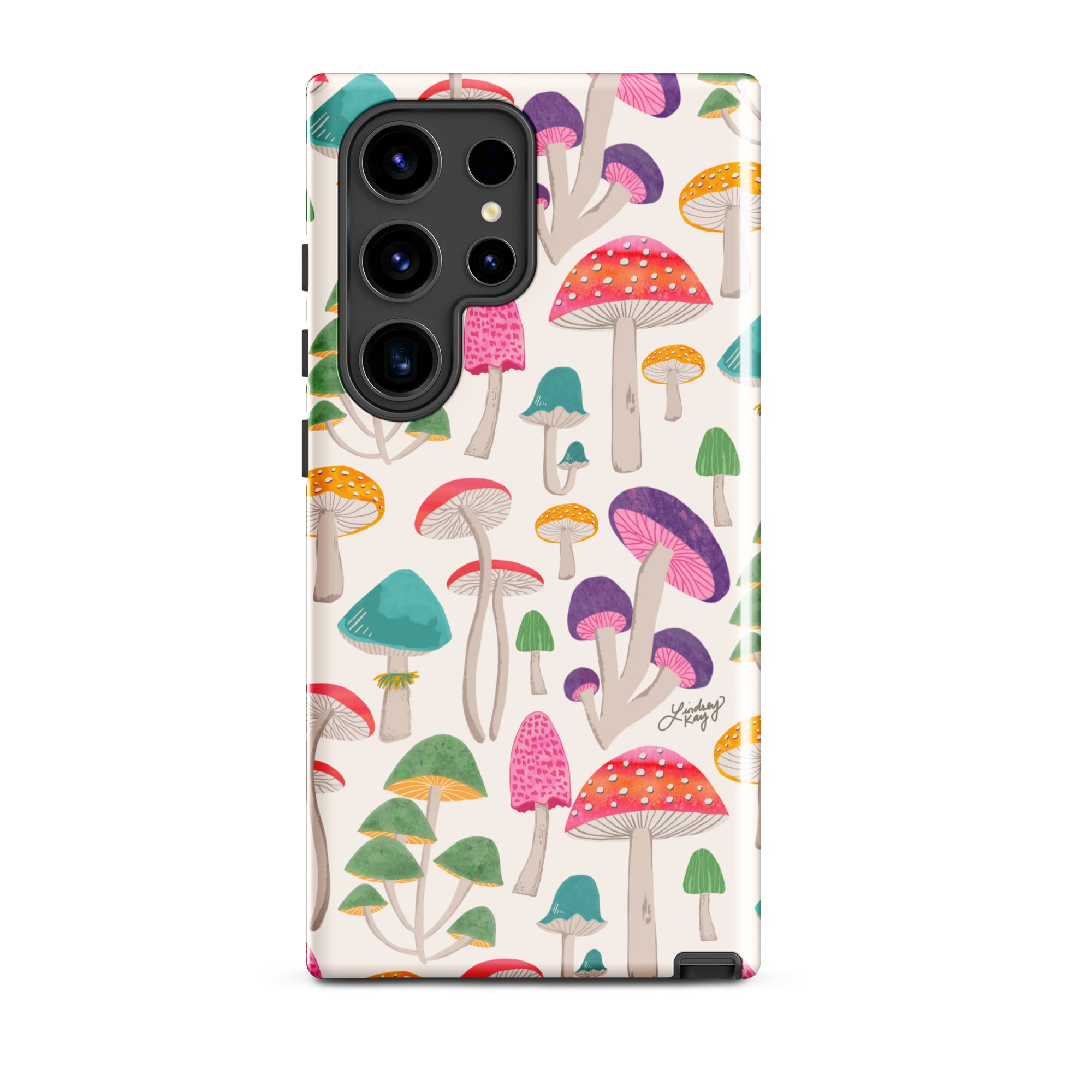 Colorful hand illustrated mushrooms Samsung phone case by Lindsey Kay Collective. Retro 70s-inspired design perfect for outdoorsy, nature-loving style. Durable, slim fit case available in all Samsung sizes. Unique boho tech accessory from a female-owned small business.