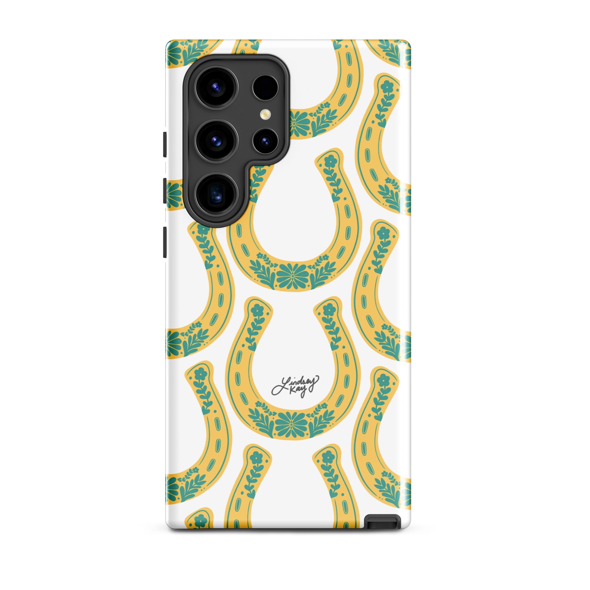 Country western Samsung phone case with hand drawn yellow and teal horseshoe pattern by Lindsey Kay Collective. Tough, durable case available in all Samsung sizes. Perfect for cowgirls, rodeo lovers, and Texas sorority girls. Stylish protective phone accessory with southern flair.
