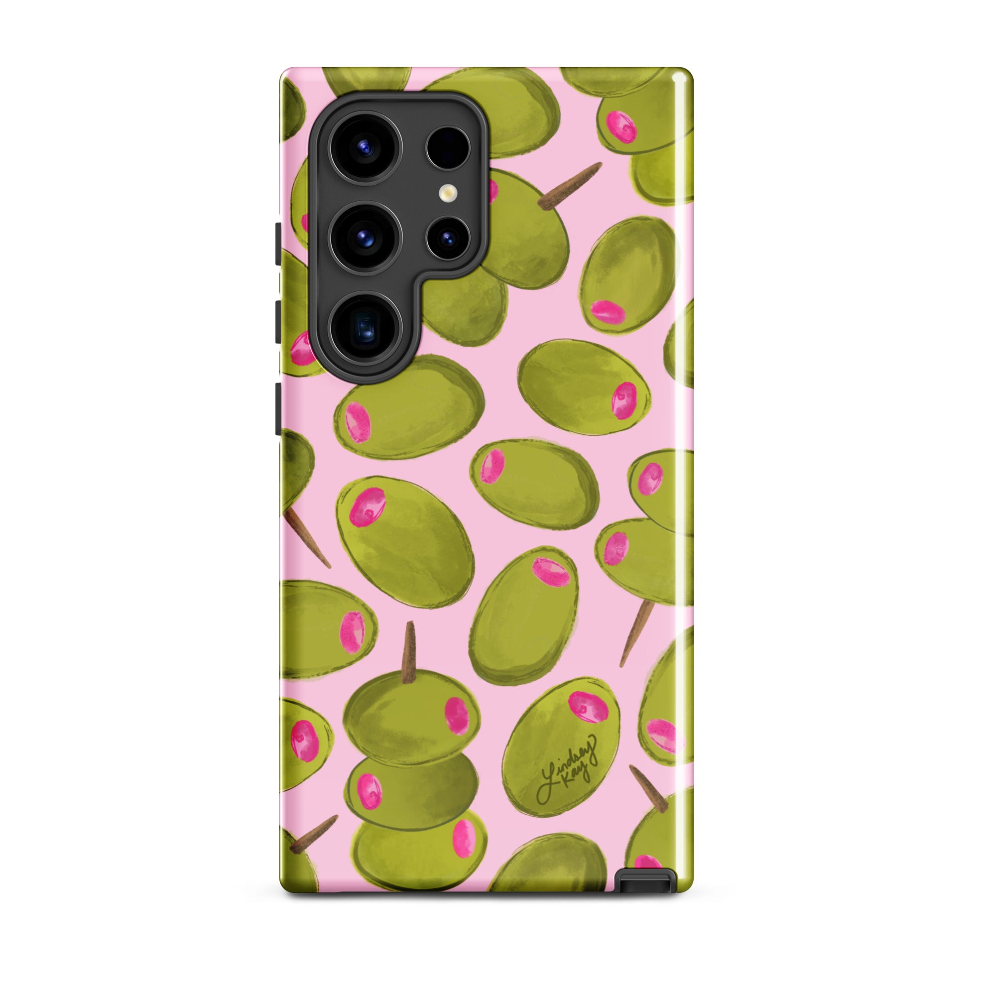 Durable Samsung phone case with hand-drawn pink and green olives pattern, designed by Lindsey Kay Collective. Preppy and protective case for olive and martini lovers, available in all Samsung sizes.
