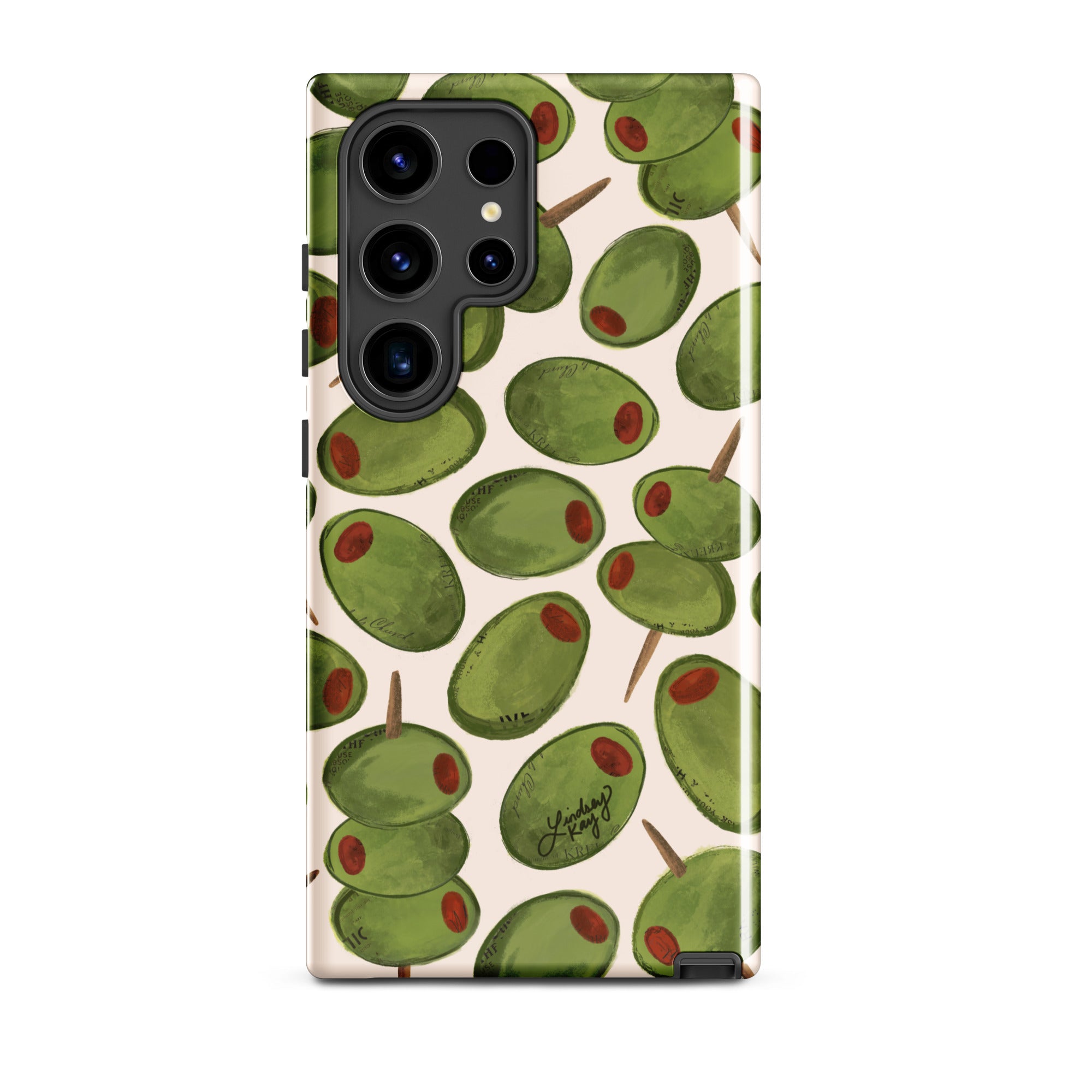 Durable Samsung phone case with hand-drawn tan and green olives pattern, designed by Lindsey Kay Collective. Preppy and protective case for olive and martini lovers, available in all Samsung sizes.