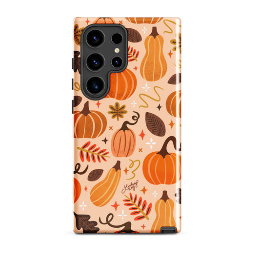 Hand-illustrated fall pumpkins Samsung case – autumn leaves design, durable protective cover by Lindsey Kay Collective
