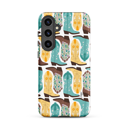 Samsung Tough Phone Case with Blue and Yellow Cowboy Boot Design – Western-Inspired Durable Protection