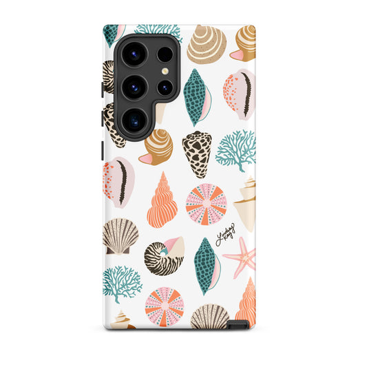 Samsung Tough Phone Case with Turquoise, Orange, and Pink Seashell Pattern – Coastal-Inspired Design with Bold, Beachy Colors