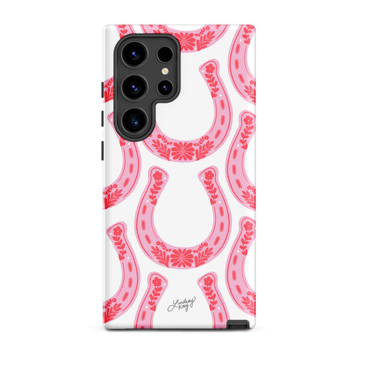 Samsung Tough Phone Case with pink and bright pink horseshoe Pattern – Western Cowgirl Inspired Design with Bold, girly Colors