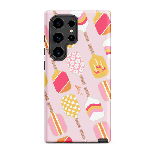 Samsung Tough Phone Case with pink, orange, yellow pickleball paddles Pattern – Trendy-Inspired Design with Bold, Beachy Colors