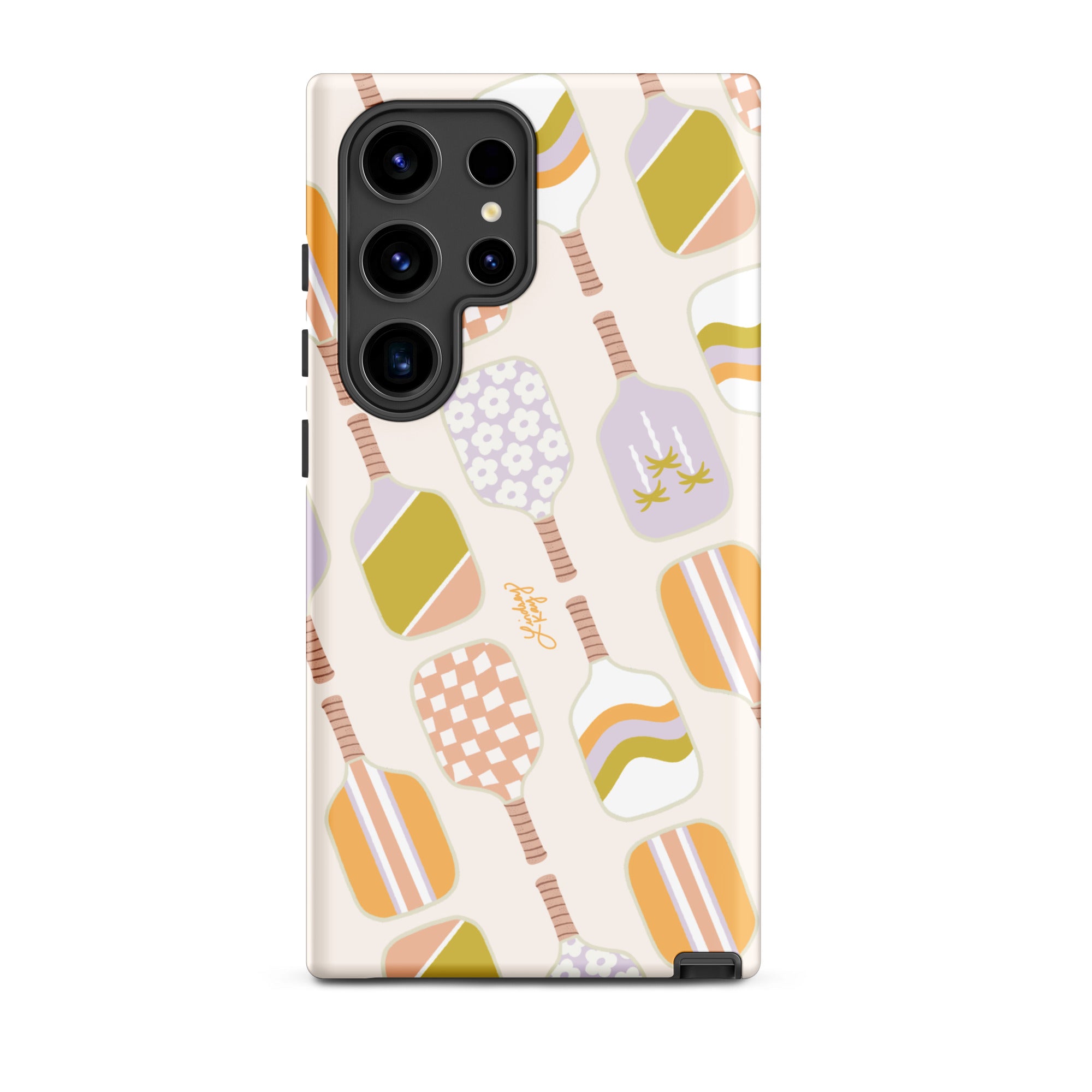 Samsung Tough Phone Case with green, orange, lilac pickleball paddles Pattern – Trendy-Inspired Design with Bold, Beachy Colors