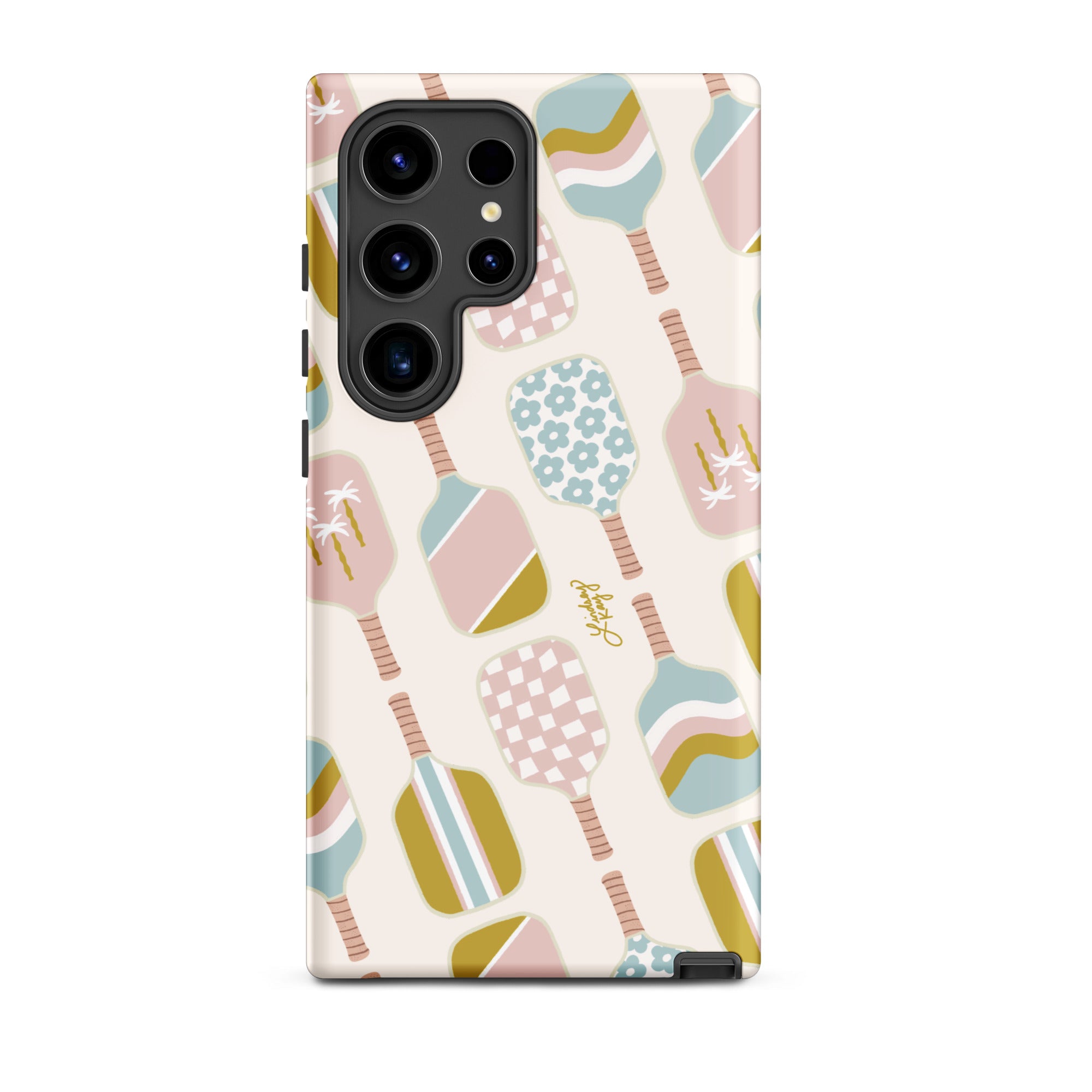 Samsung Tough Phone Case with pink, light blue, neutral pickleball paddles Pattern – Trendy-Inspired Design with Bold, Beachy Colors