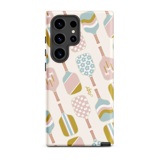 Samsung Tough Phone Case with pink, light blue, neutral pickleball paddles Pattern – Trendy-Inspired Design with Bold, Beachy Colors