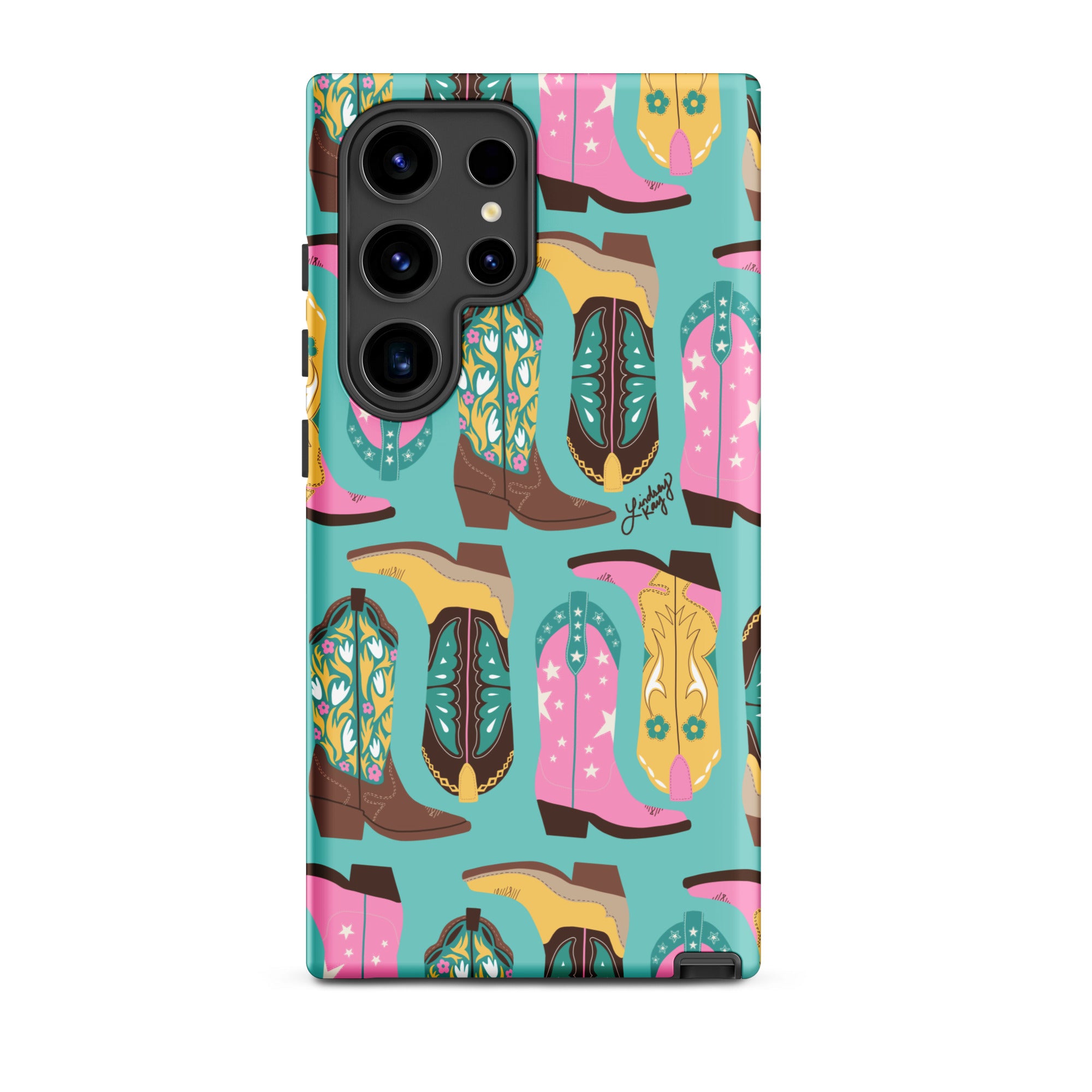 Samsung Tough Phone Case with Turquoise, yellow, and Pink cowgirl boots – western-Inspired Design with Bold, trendy Colors