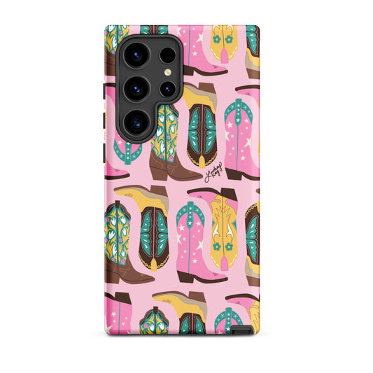Samsung Tough Phone Case with Turquoise, yellow, and Pink cowgirl boots – western-Inspired Design with Bold, trendy Colors