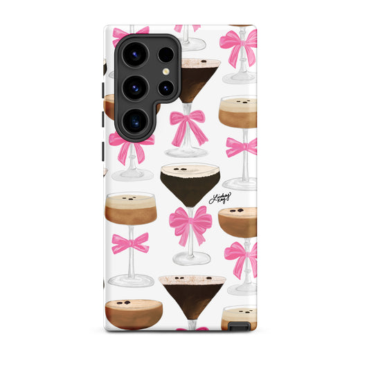 Samsung Tough Phone Case with Girly Pink Ribbons and Espresso Martini Pattern – Feminine, Fun, and Stylish Protection