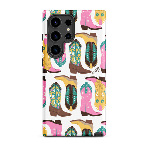Samsung Tough Phone Case with Girly Western Pink, Turquoise, and Yellow Cowgirl Boots Pattern – Feminine, Fun, and Stylish Protection