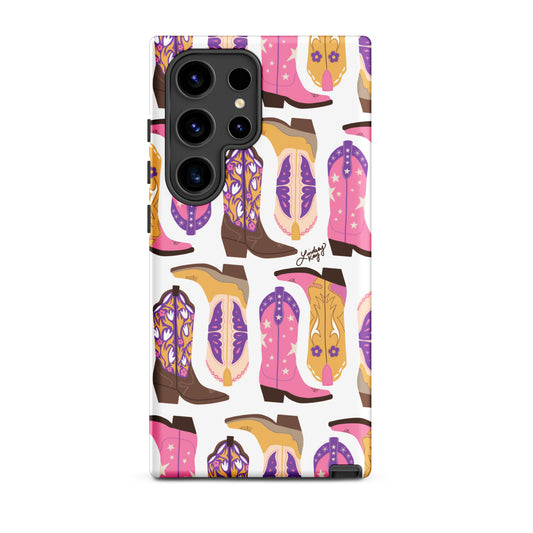 Samsung Tough Phone Case with Western Pink, Purple and Yellow Colored Cowgirl Boots Pattern – Trendy, Feminine, Fun, and Stylish Protection