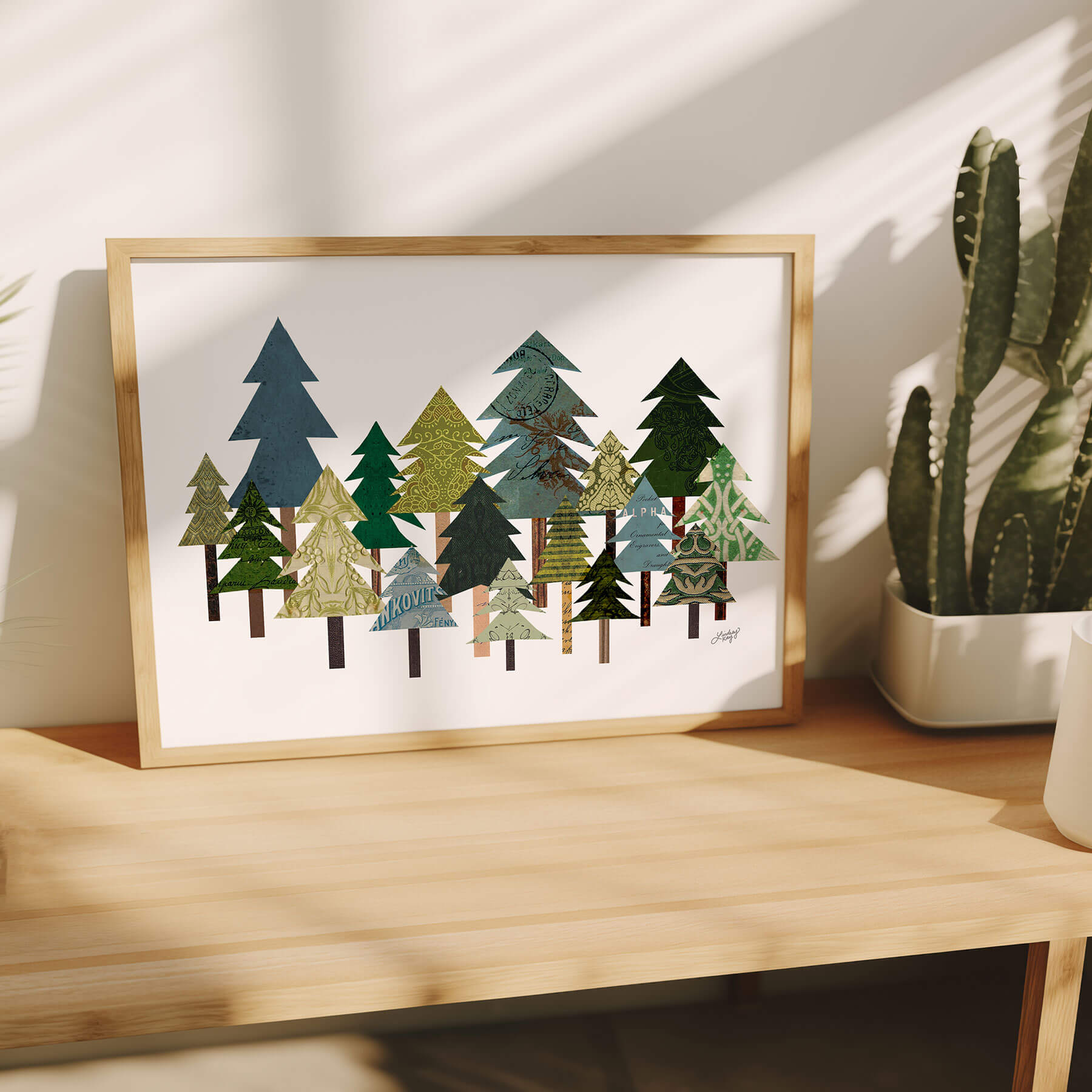 Mixed media collage art print featuring woodland trees in earthy tones. Perfect for rustic cabins, mountain homes, or boho nature-inspired spaces. Handcrafted with vintage paper textures and artistic detail by Lindsey Kay Collective, a female-owned small business in Denver, Colorado.