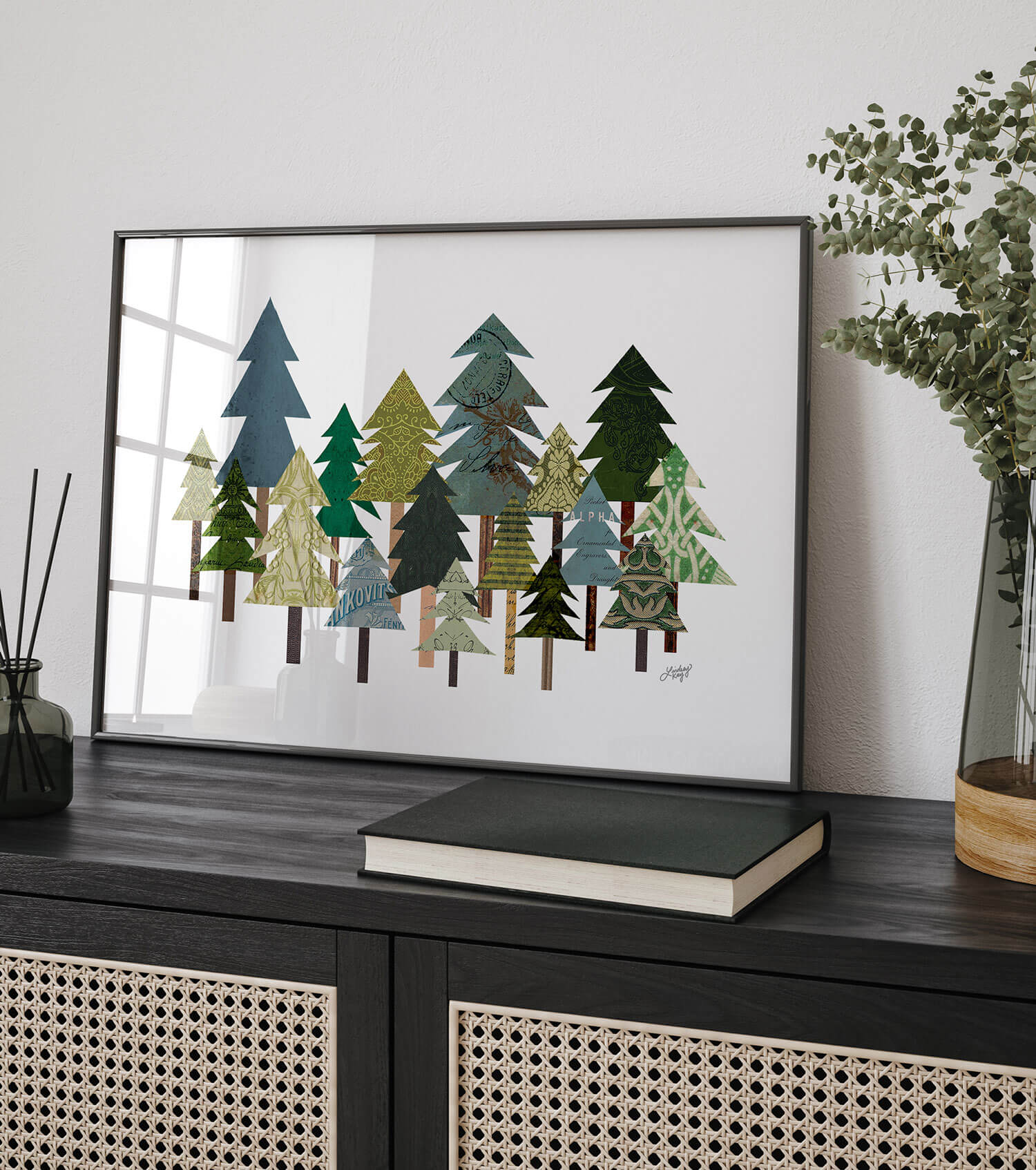 Mixed media collage art print featuring woodland trees in earthy tones. Perfect for rustic cabins, mountain homes, or boho nature-inspired spaces. Handcrafted with vintage paper textures and artistic detail by Lindsey Kay Collective, a female-owned small business in Denver, Colorado.
