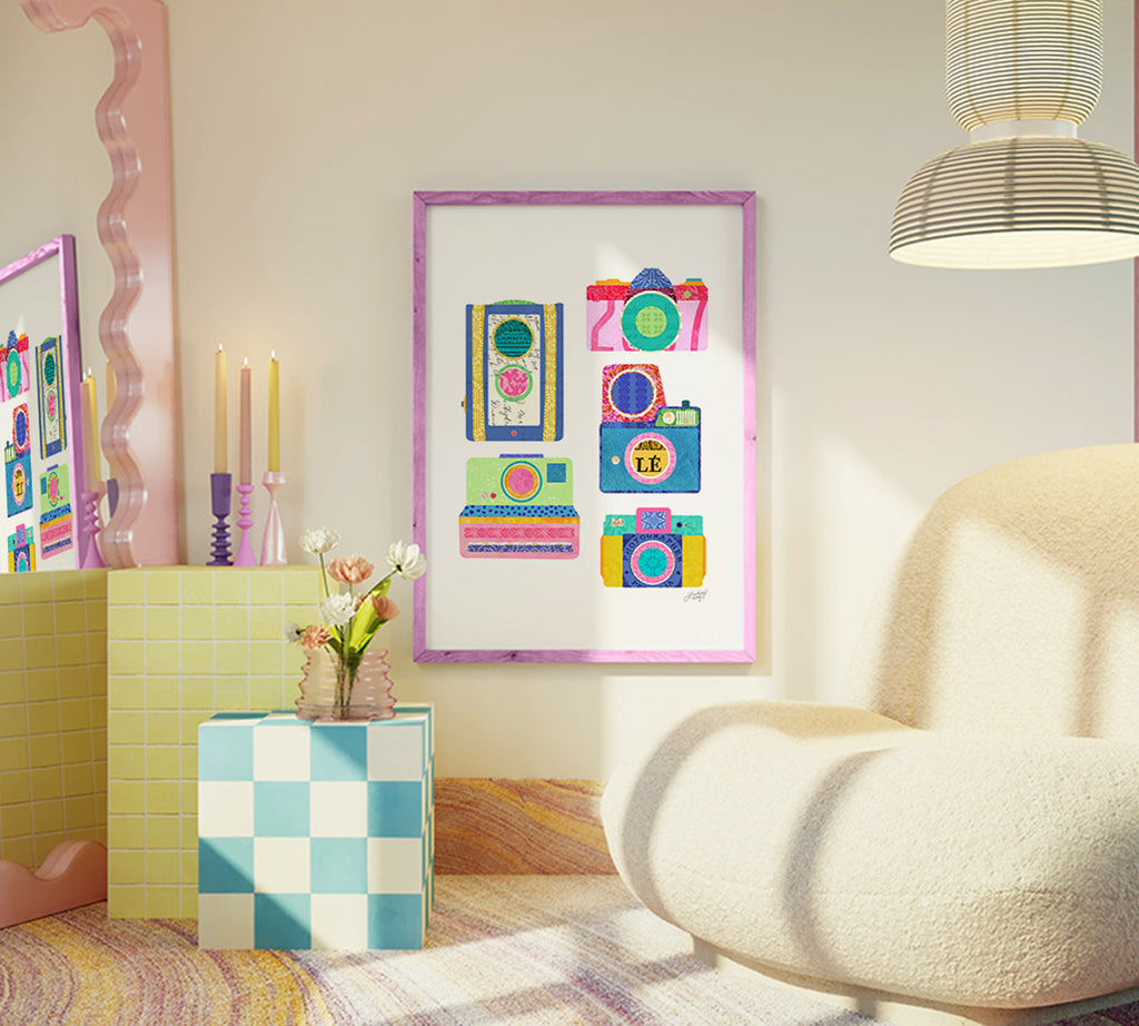 Colorful Vintage Cameras Collage - Art Print