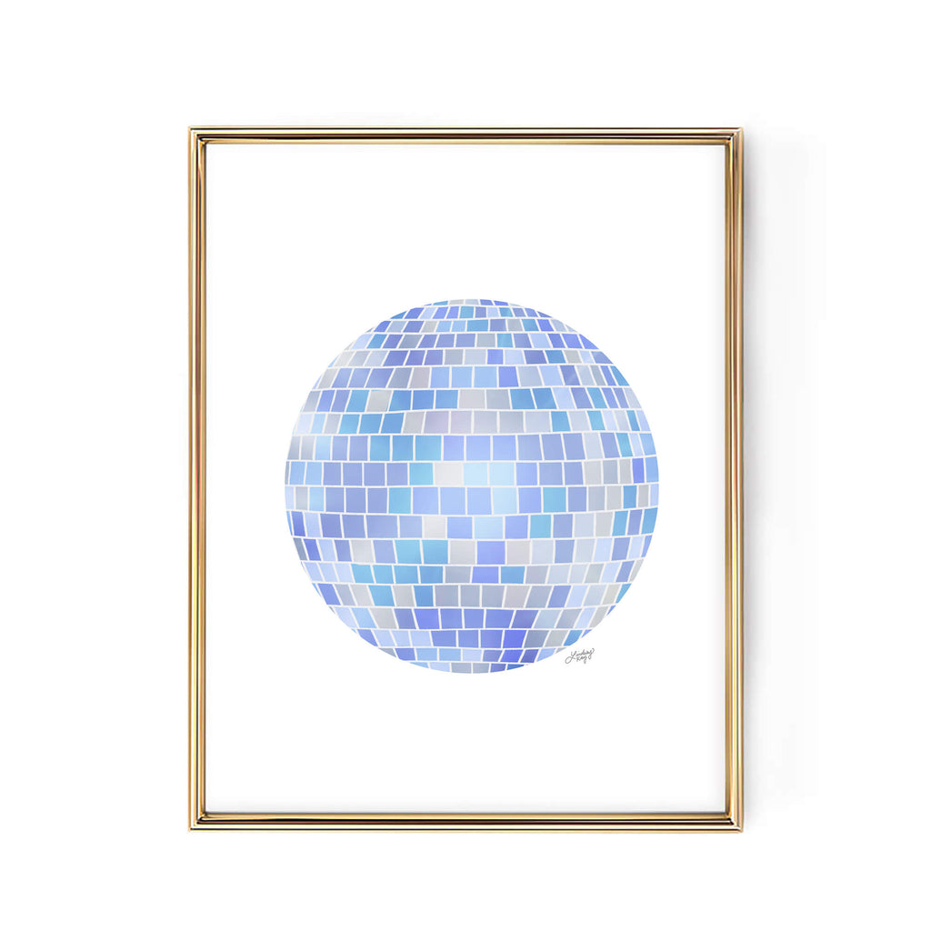 blue disco ball painting illustration art print poster retro wall art trendy lindsey kay collective