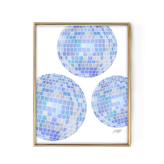 Hand-drawn blue retro disco ball art print, printed on matte paper with vintage style