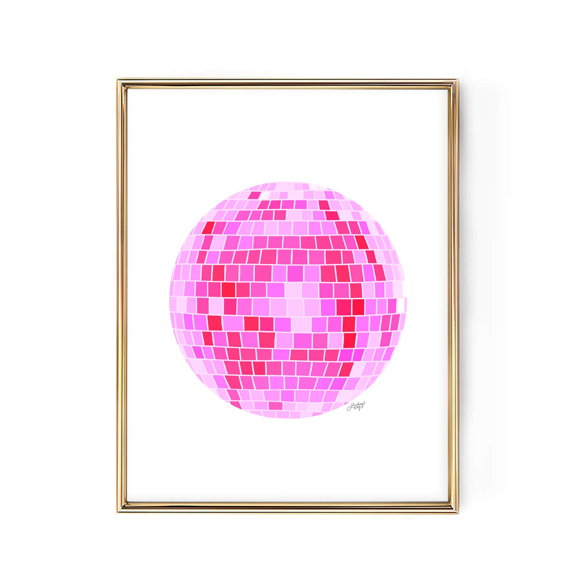 Hand-drawn pink retro disco ball art print, printed on matte paper with vintage style