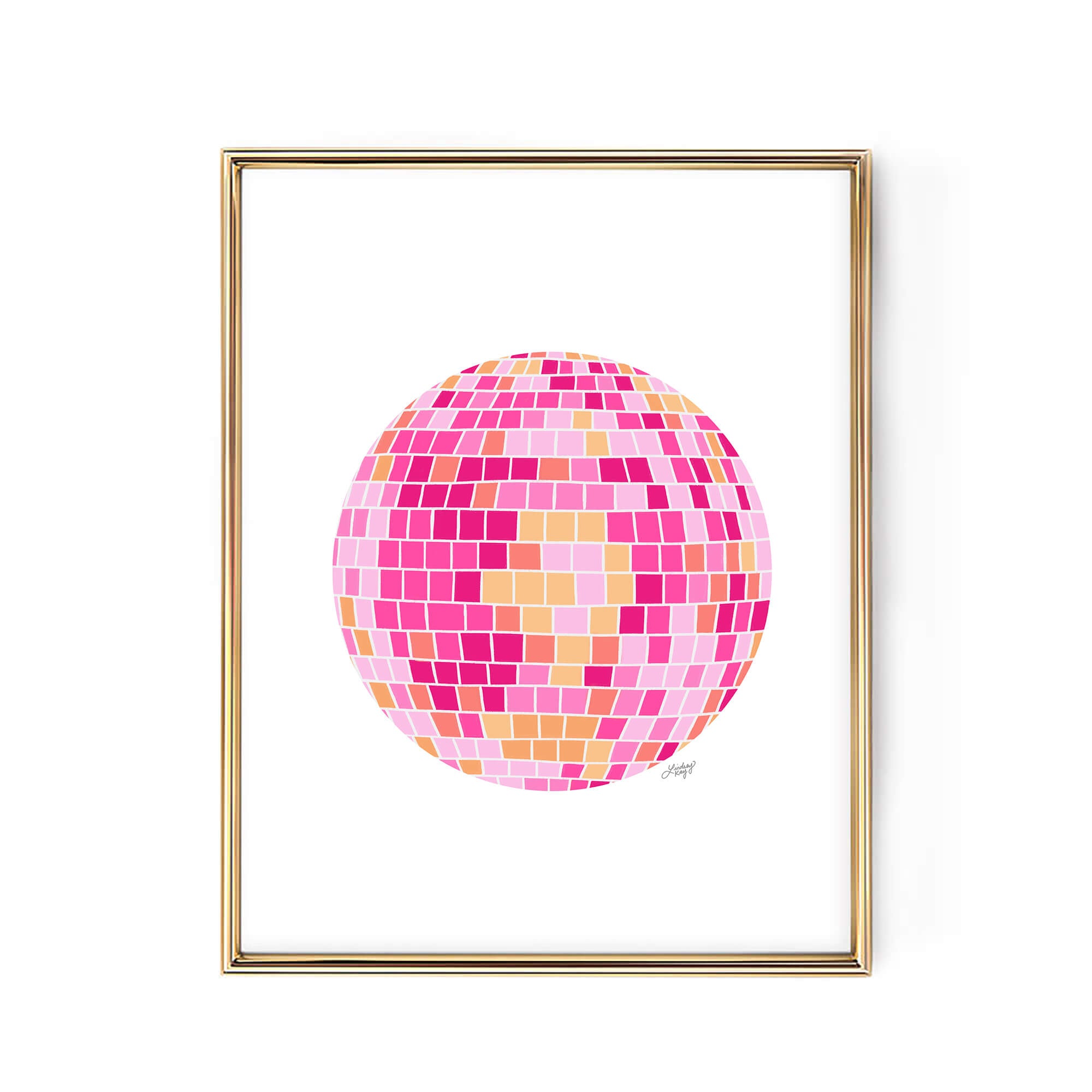Hand-drawn pink retro disco ball art print, printed on matte paper with vintage style