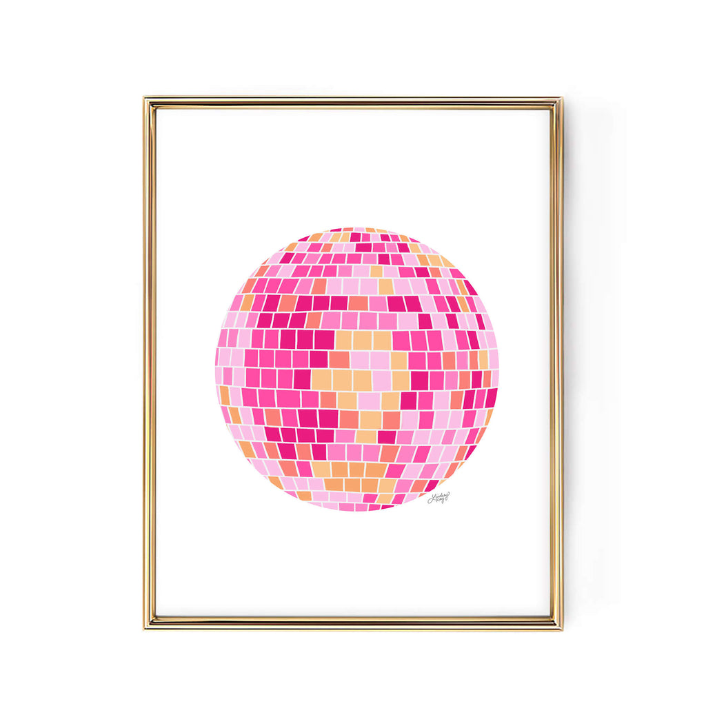 pink yellow disco ball painting illustration art print poster retro wall art trendy lindsey kay collective