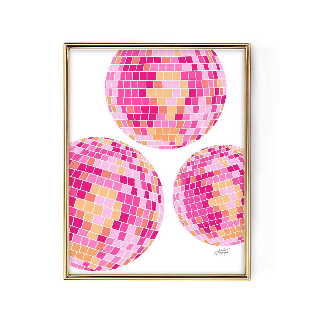 Disco Ball Illustration (Pink/Yellow Palette) White Background - Art Print