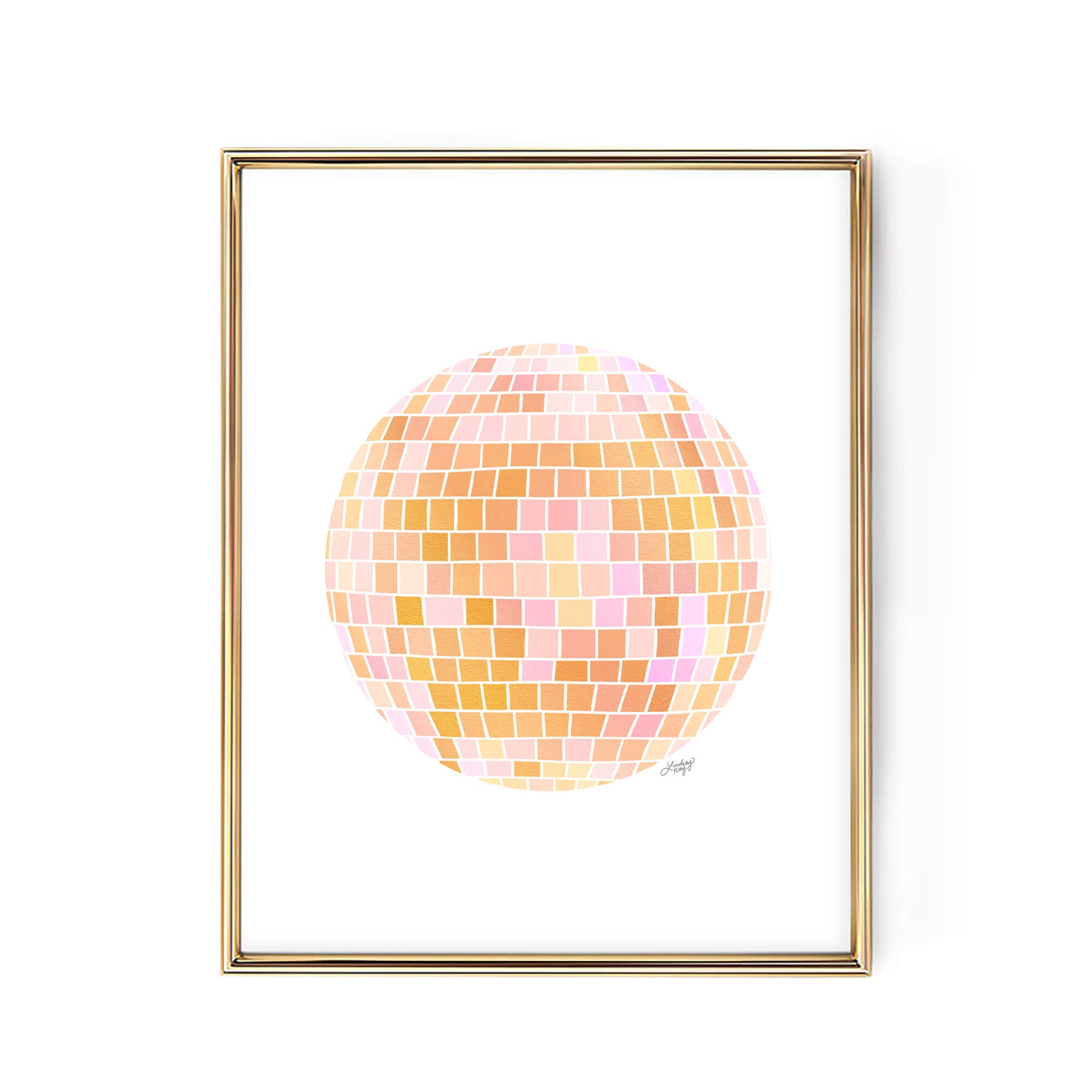 Hand-drawn yellow retro disco ball art print, printed on matte paper with vintage style