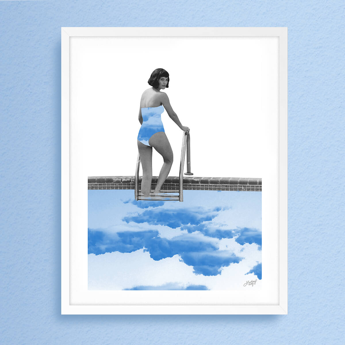 abstract collage art print of a lady swimming in the clouds