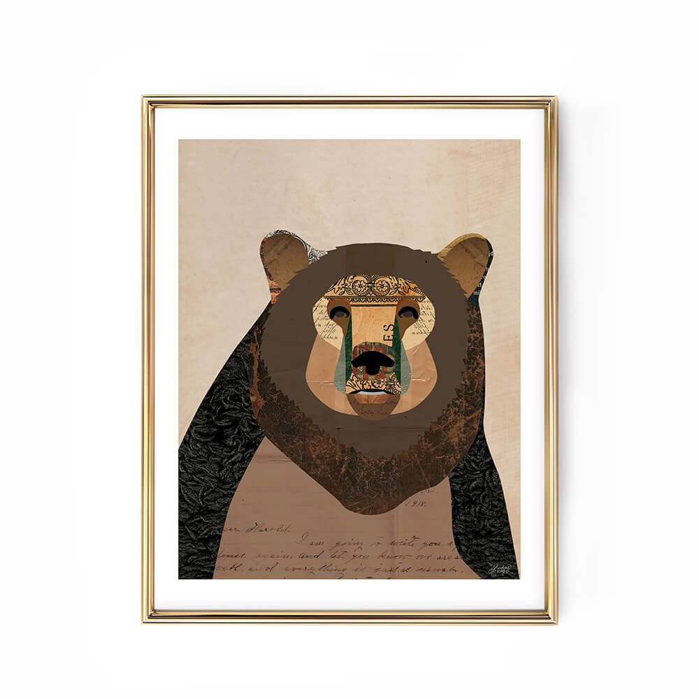 bear art print nursery collage illustration woodland cabin decor wall art