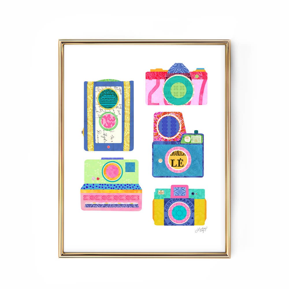 colorful bright vintage camera polaroid collage art print poster